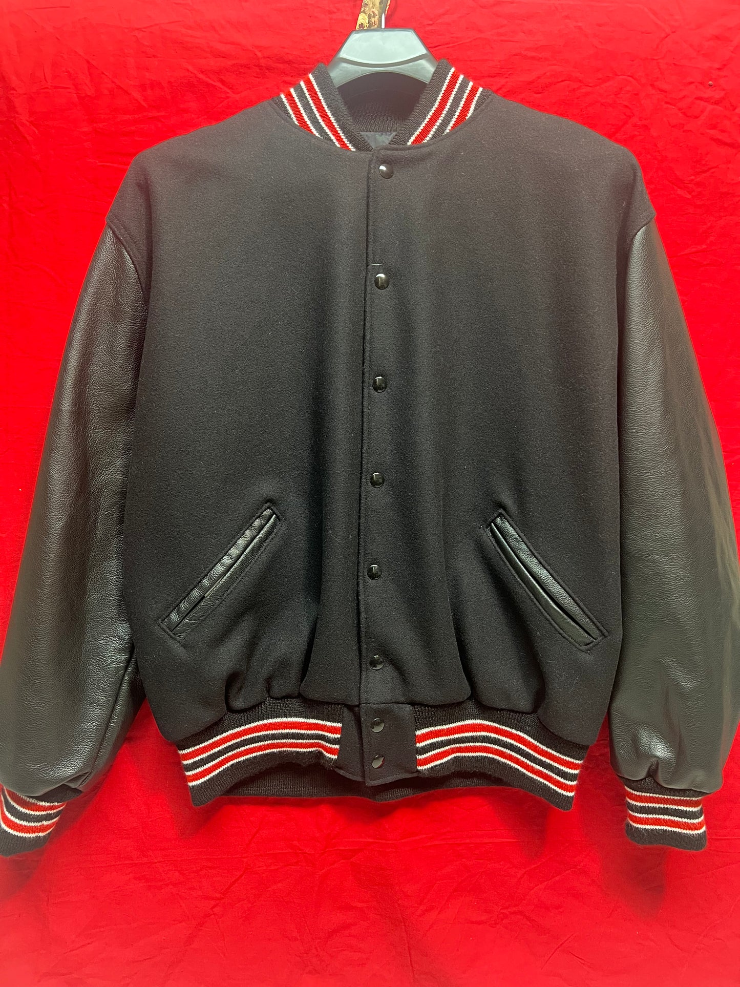 Letter Jacket (Black, Black Sleeves, Red Stripes)