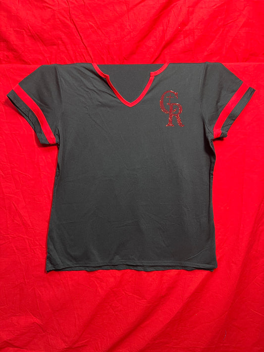 Short Sleeve T-Shirt V-Neck "CR" (Black, Red trim, red logo sparkles)