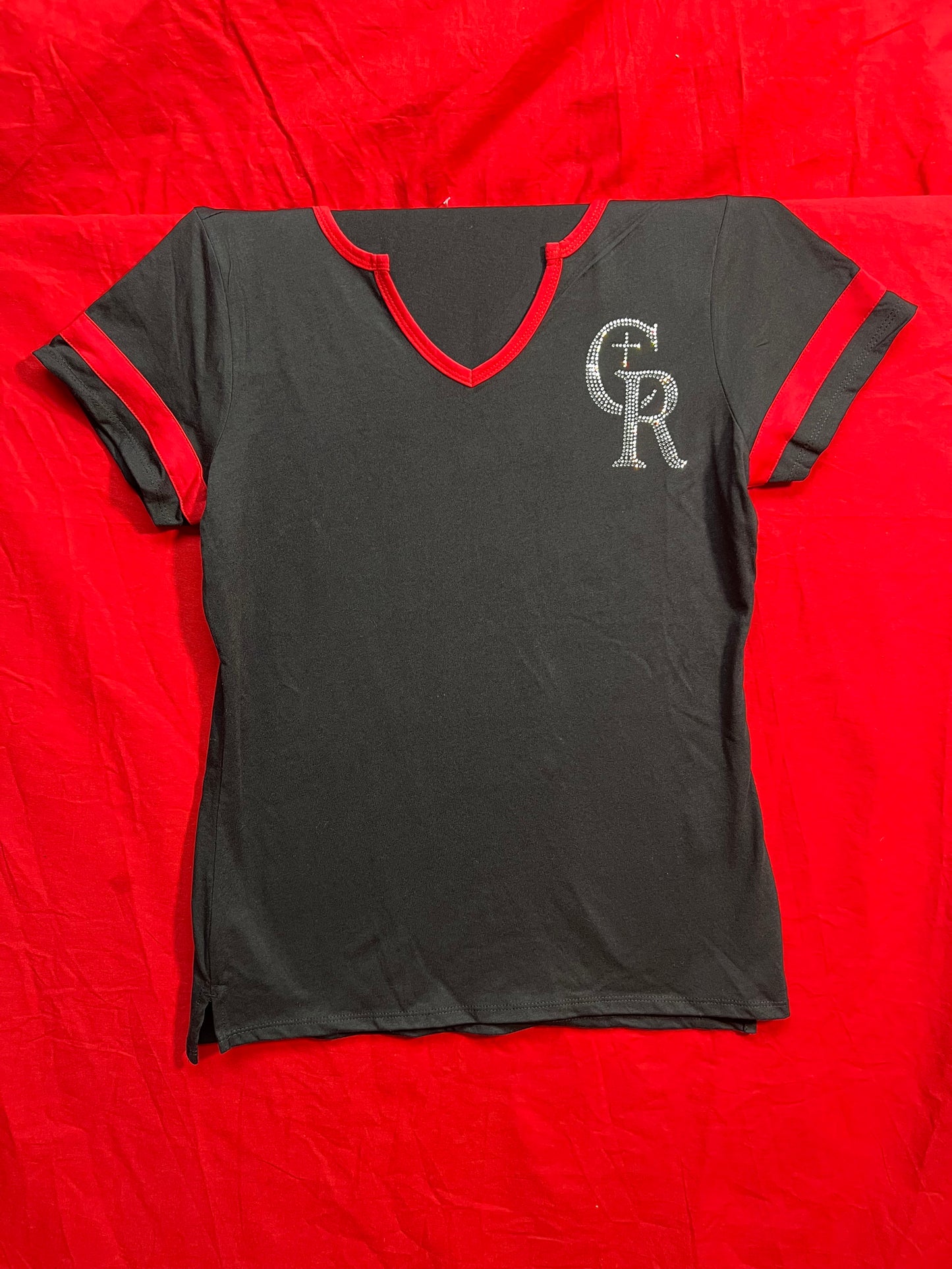 Short Sleeve T-Shirt V-Neck "CR" (Black, Red trim, Silver logo sparkles)