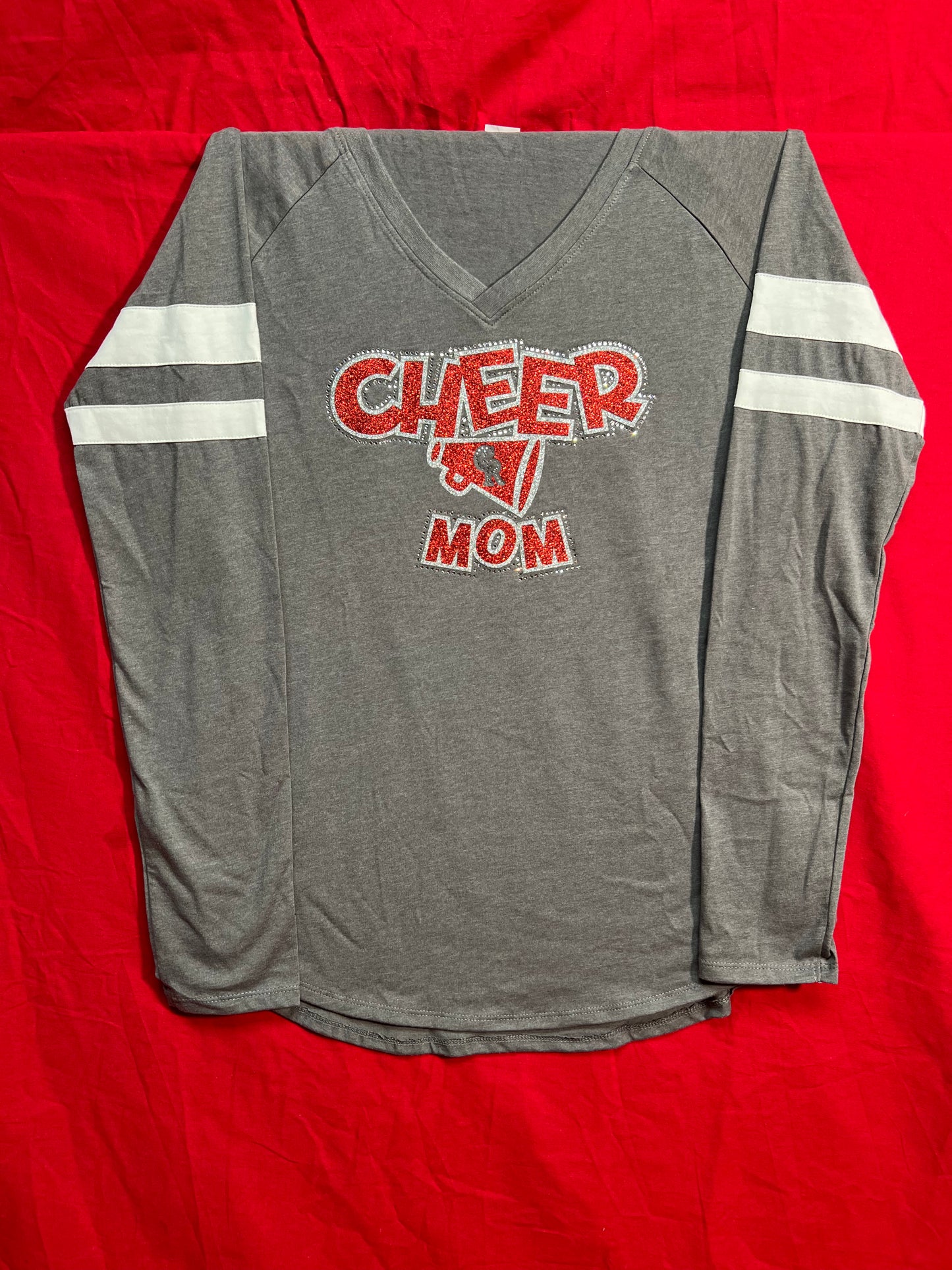 Long sleeve T-Shirt V-Neck "Cheer Mom" (Gray, red sparkle logo, White trim)