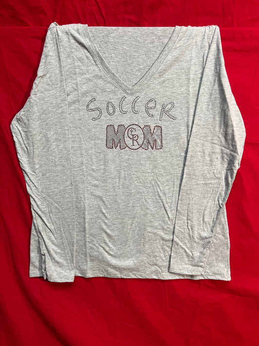 Long sleeve T-Shirt V-Neck "Soccer Mom" (light gray, sparkle logo)