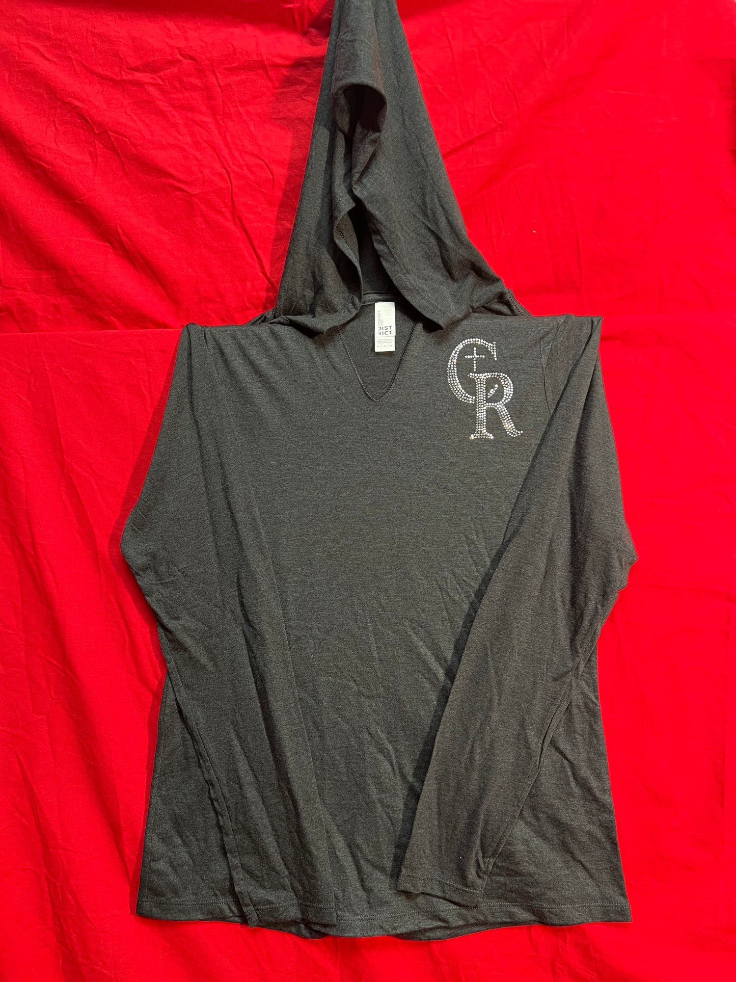 Long Sleeve T-Shirt V-Neck Hoodie "CR" sparkles (Dark gray, Sparkle logo)