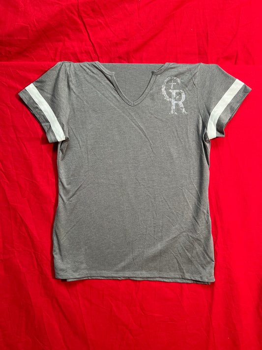 Short Sleeve T-Shirt V-Neck "CR" (Gray, Sparkles, white trim)