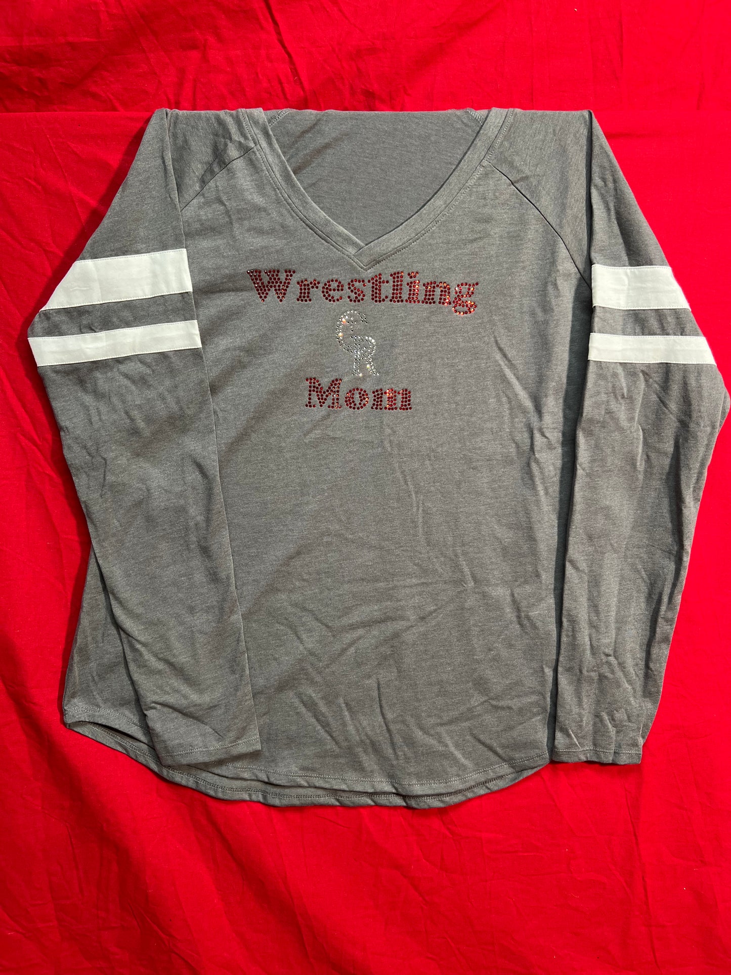 Long sleeve T-Shirt V-Neck "Wrestling Mom" (Gray, red sparkle logo, White trim)