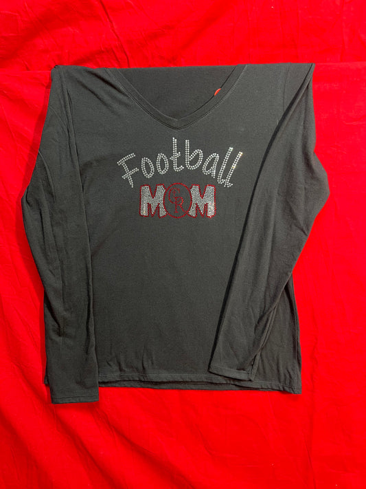 Long sleeve T-Shirt V-Neck "Football Mom" (Black, red sparkle logo)