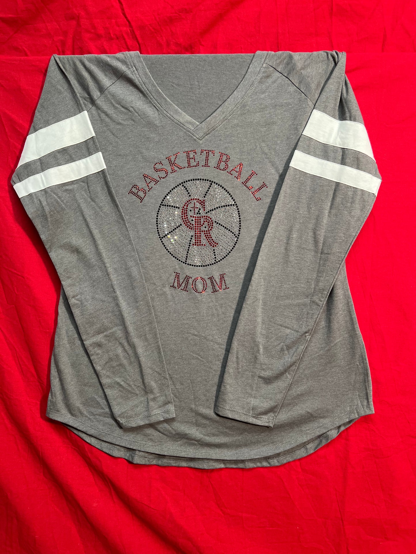 Long sleeve T-Shirt V-Neck "Basketball Mom" (Gray, red sparkle logo, White trim)